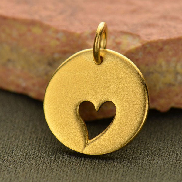 24K Gold Plated Round Charm with Heart Cutout 16x12mm - 1pc