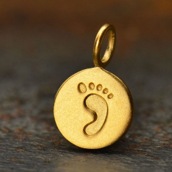 24K Gold Plated Round Disc Charm with Footprint 13x8mm - 1pc
