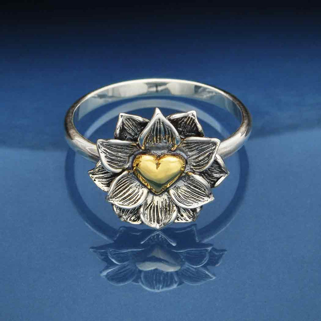 Sterling Silver Lotus Ring with Bronze Heart Size 5 - 1Pc