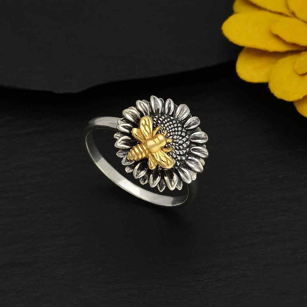 Sterling Silver Sunflower Ring with Bronze Bee Size 5 - 1pc