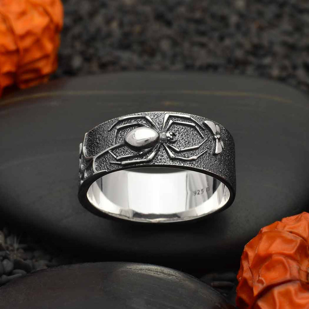 Sterling Silver Wide Band Web and Spider Ring Size 7 - 1pc