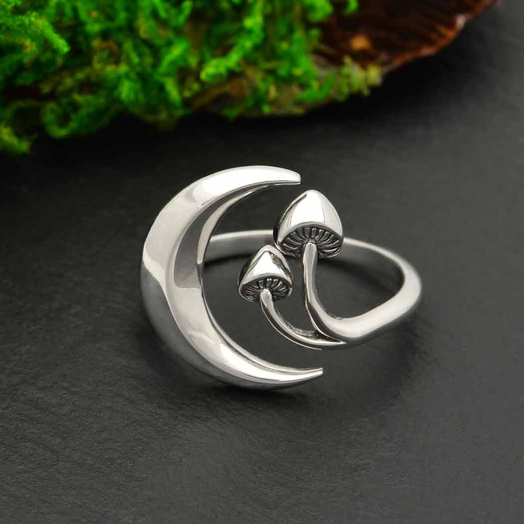 Sterling Silver Moon and Mushroom Adjustable Ring - 1pc