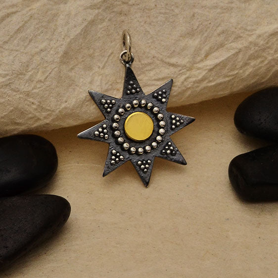 Mixed Metal Sun Pendant with Granulation and Bronze 26x20mm - 1pc