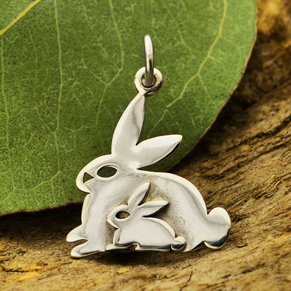 Sterling Silver Two Layer Mom and Baby Bunny Charm 21x15mm - 1pc