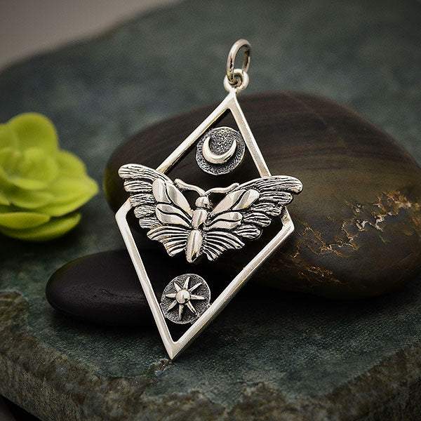 Silver Geometric Moth Charm with Sun and Moon 35x21mm - 1pc