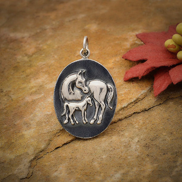 Sterling Silver Mom and Baby Horse Pendant 28x18mm - 1pc