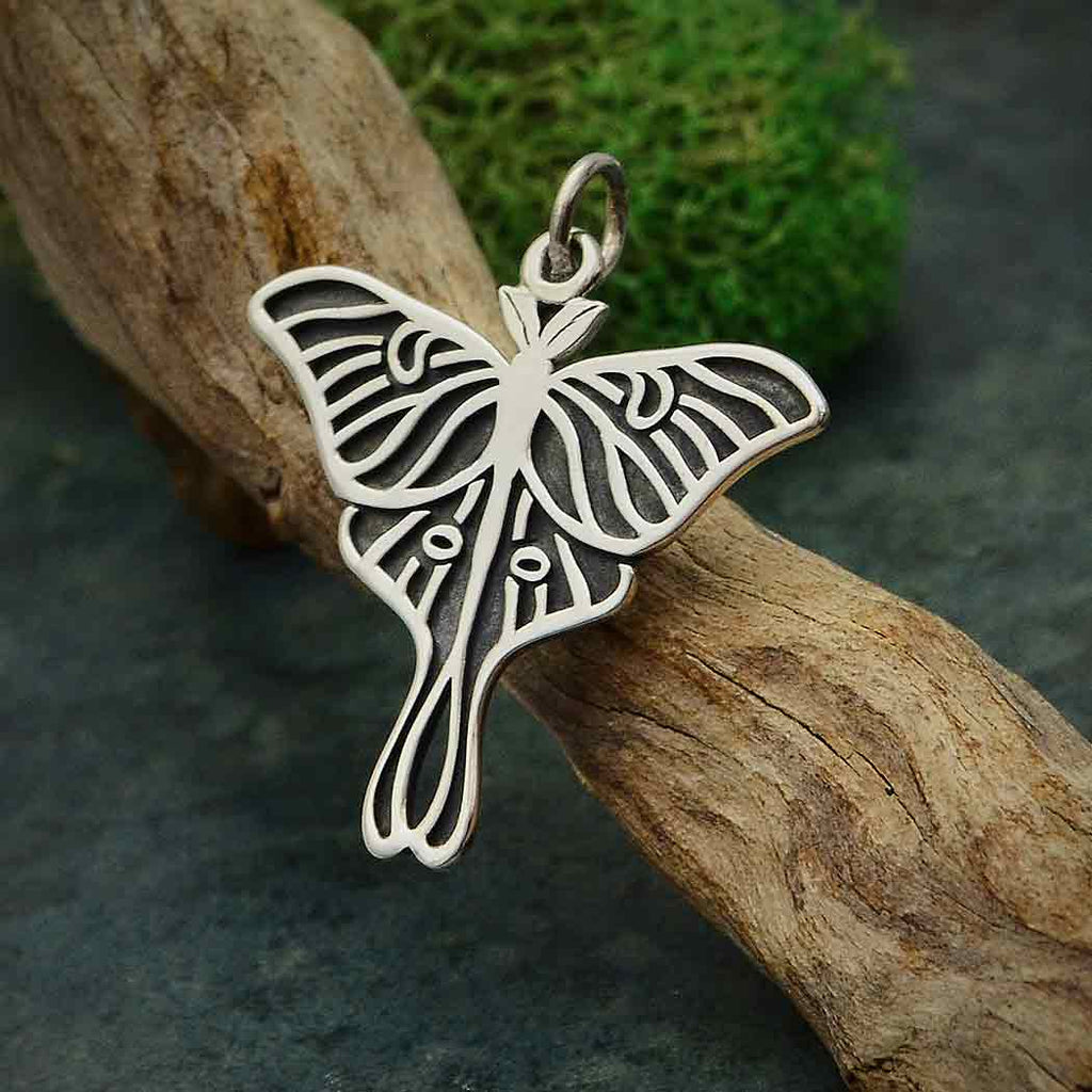 Sterling Silver Etched Luna Moth Charm 27x23mm - 1pc