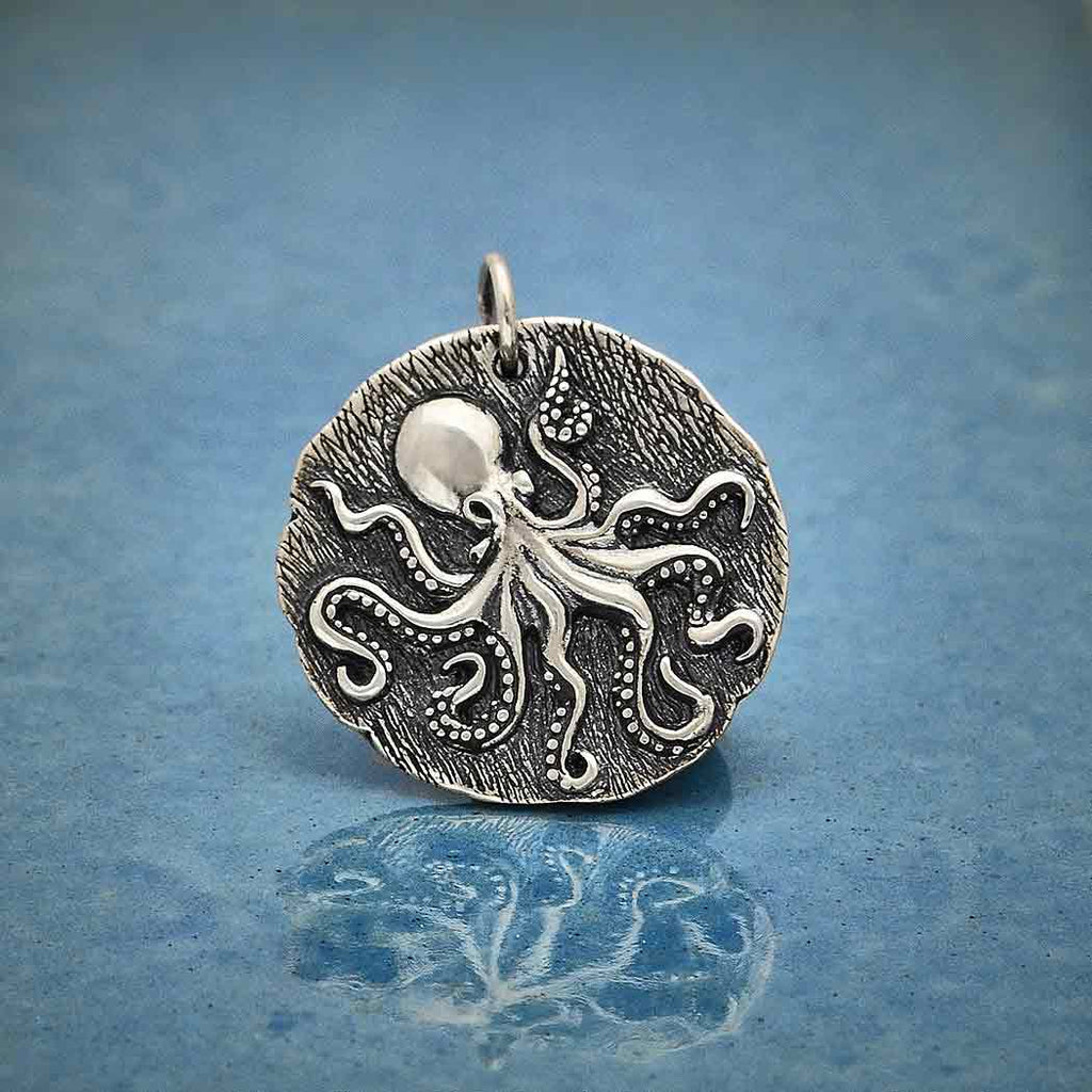 Sterling Silver Octopus Coin Pendant 26x23mm - 1pc