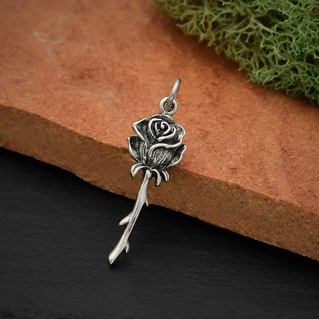 Sterling Silver Dimensional Stemmed Rose Charm 29x9mm - 1pc