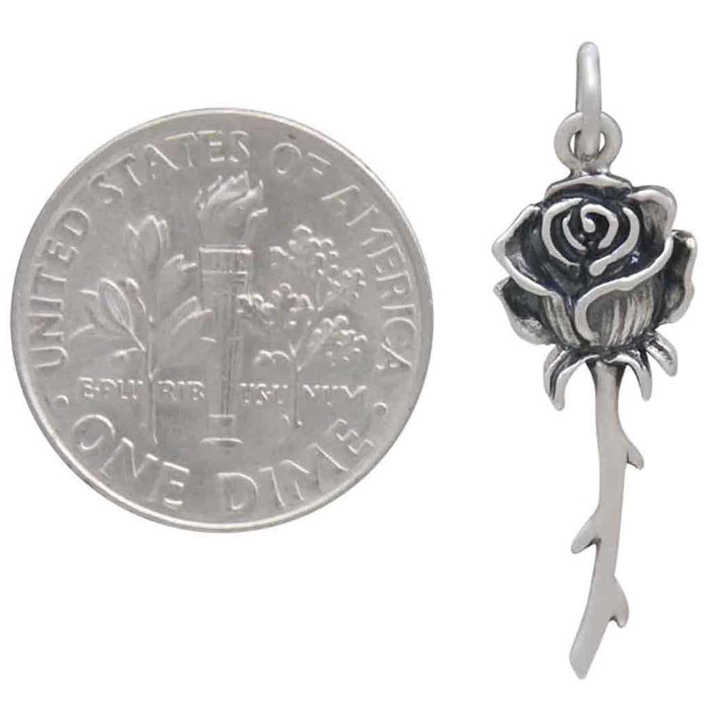 Sterling Silver Dimensional Stemmed Rose Charm 29x9mm - 1pc