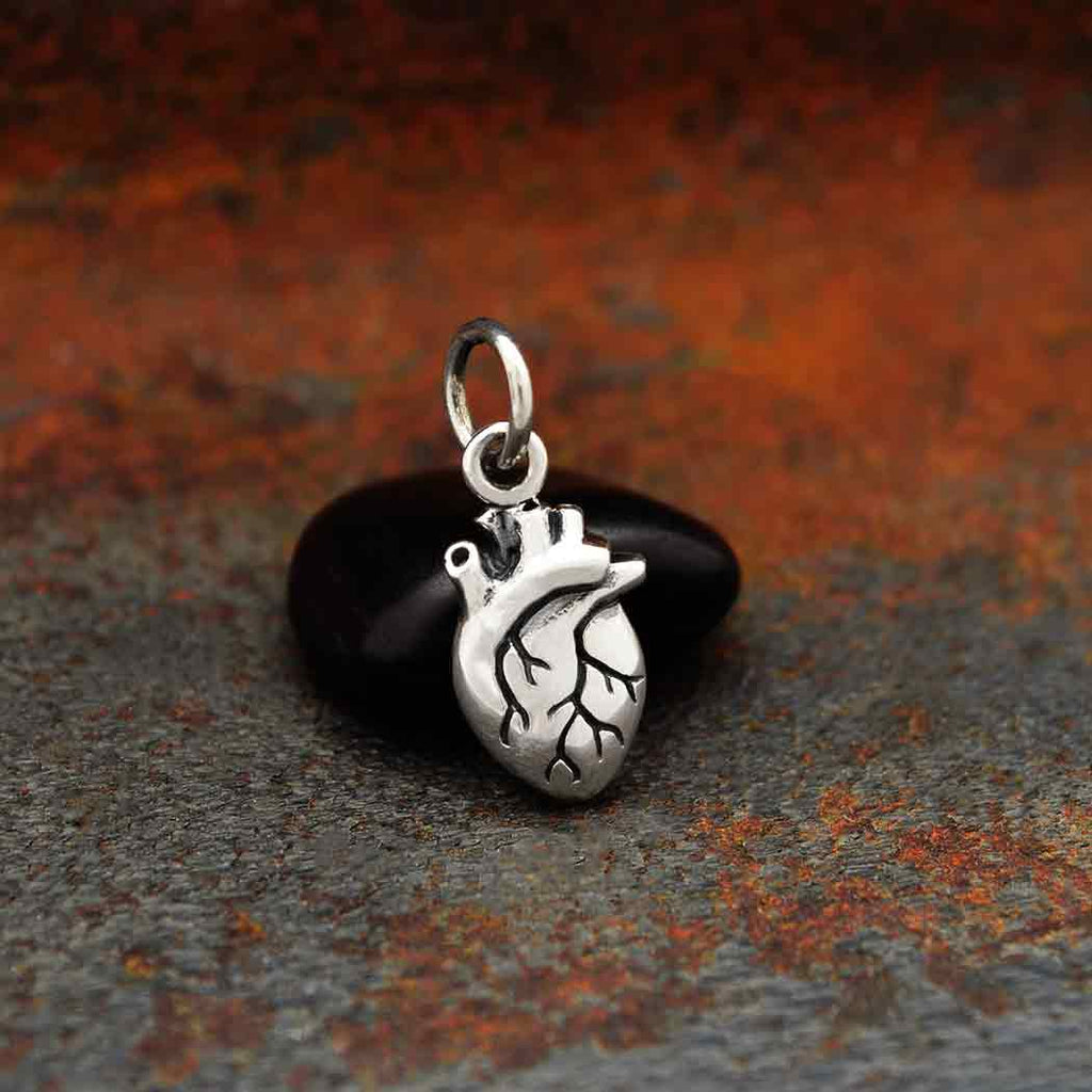 Sterling Silver Mini Anatomical Heart Charm 16x7mm - 1pc