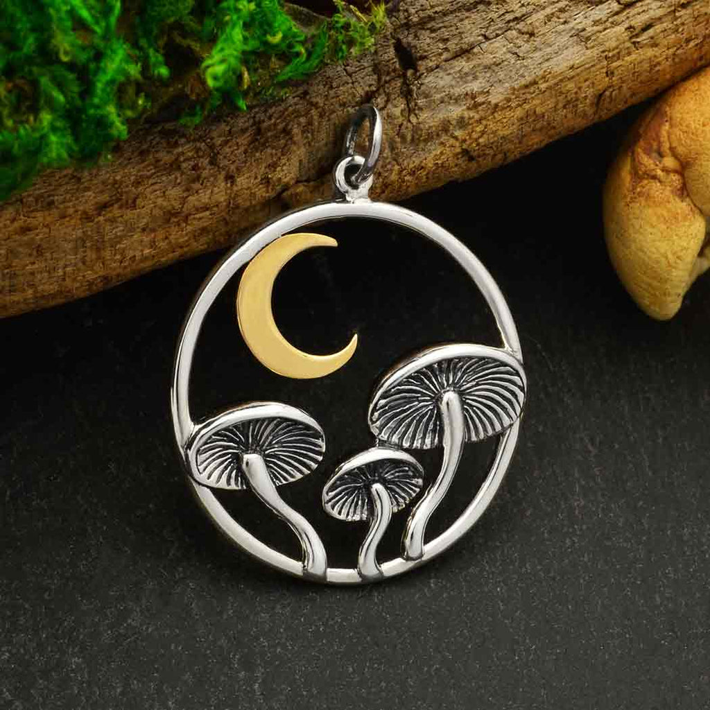 Sterling Silver Mushroom Pendant with Bronze Moon 29x23mm - 1pc