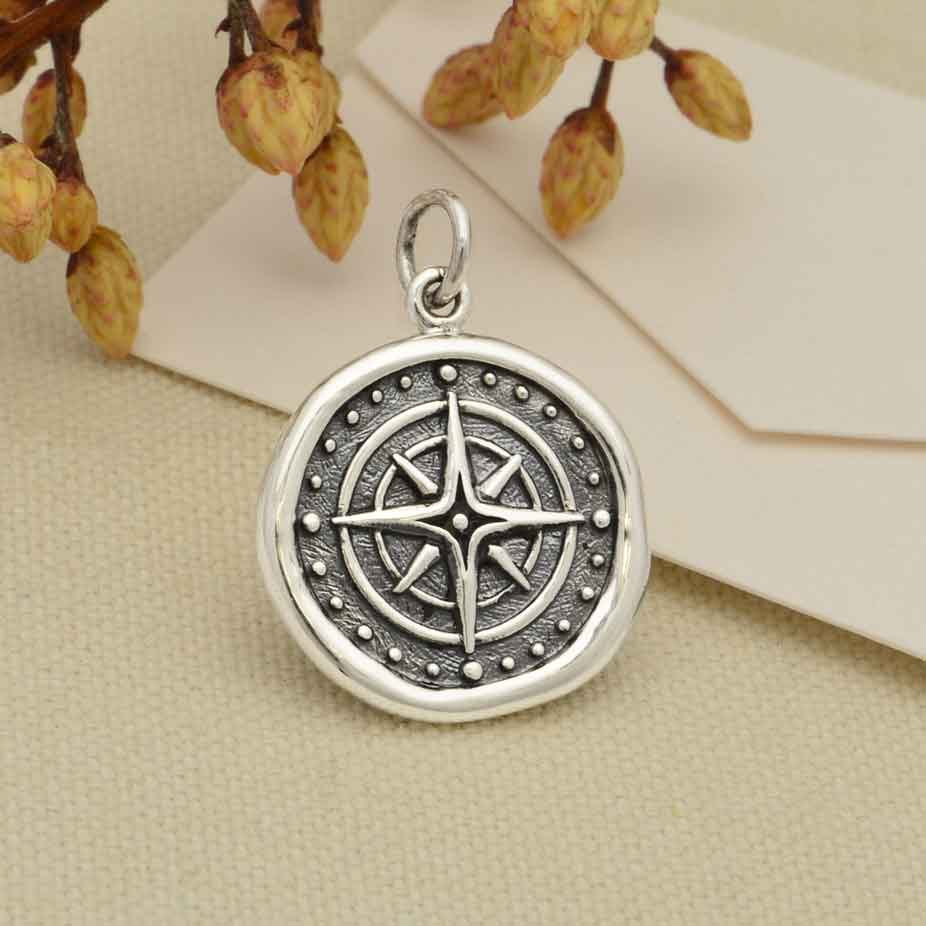 Sterling Silver Wax Seal Compass Charm 22x16mm - 1Pc