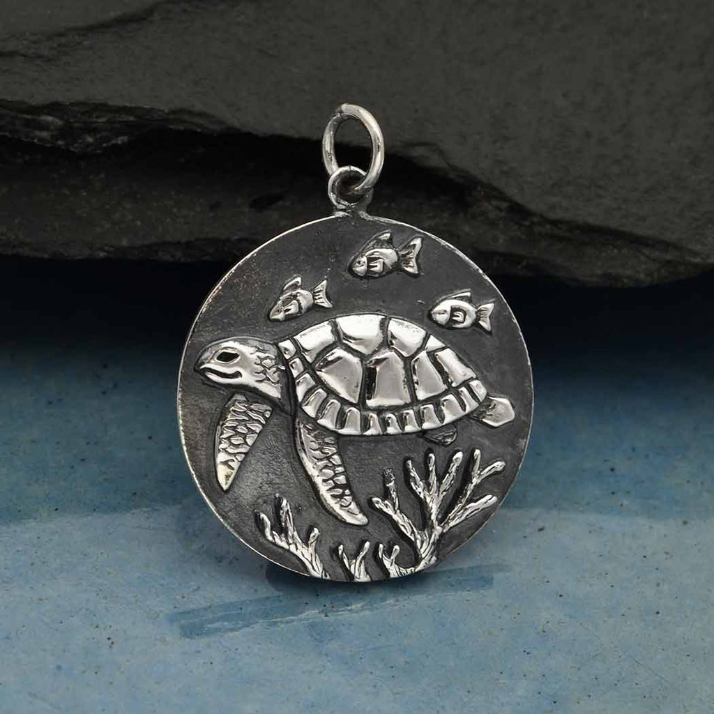 Sterling Silver Sea Turtle Coin Charm 26x20mm - 1pc