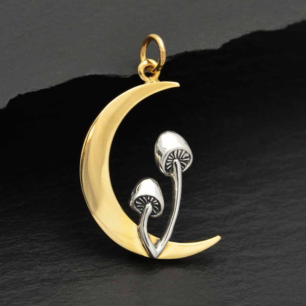 Bronze Moon Charm with Sterling Silver Mushrooms 28x16mm - 1pc