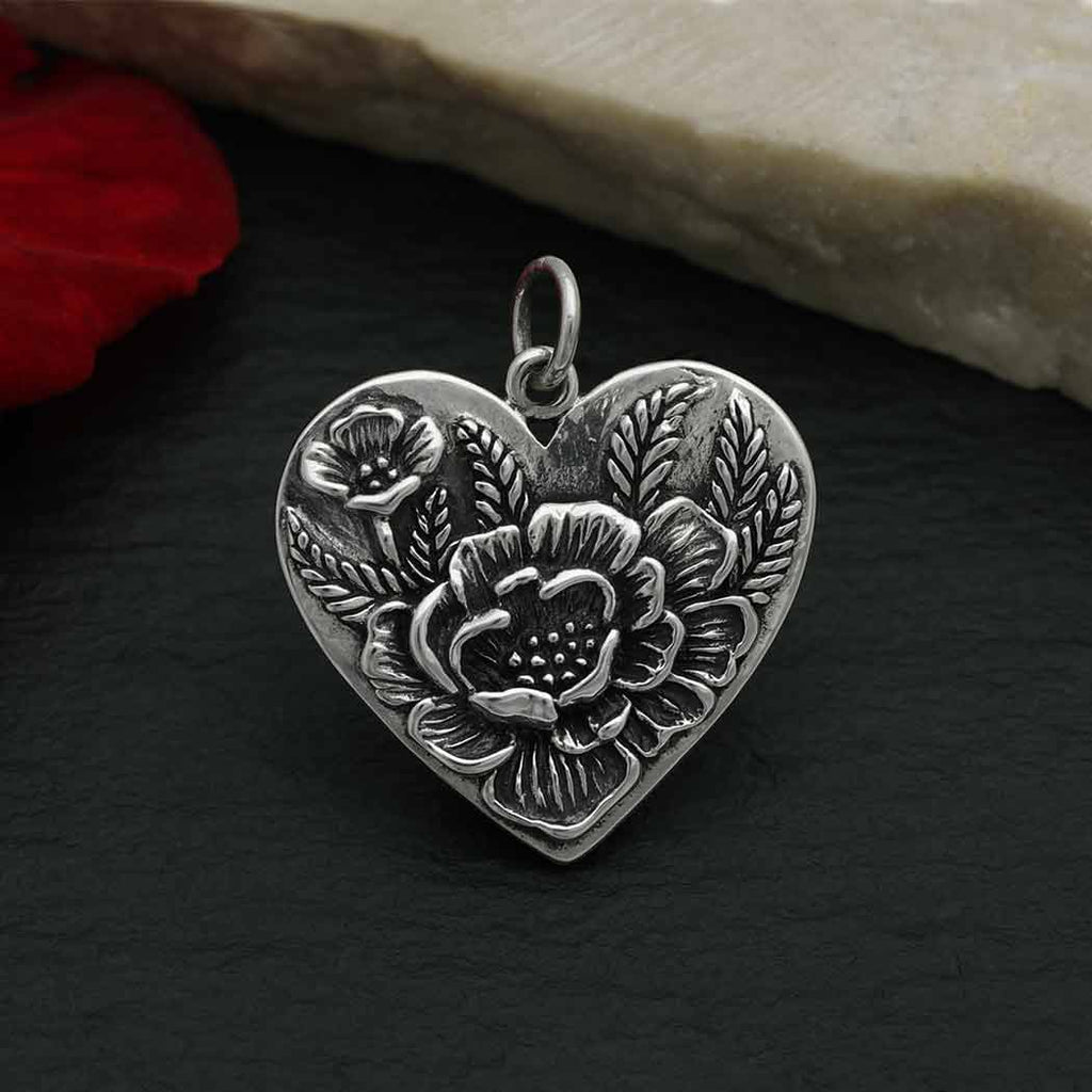 Sterling Silver Heart Pendant with Peony Flowers 23x20mm - 1Pc