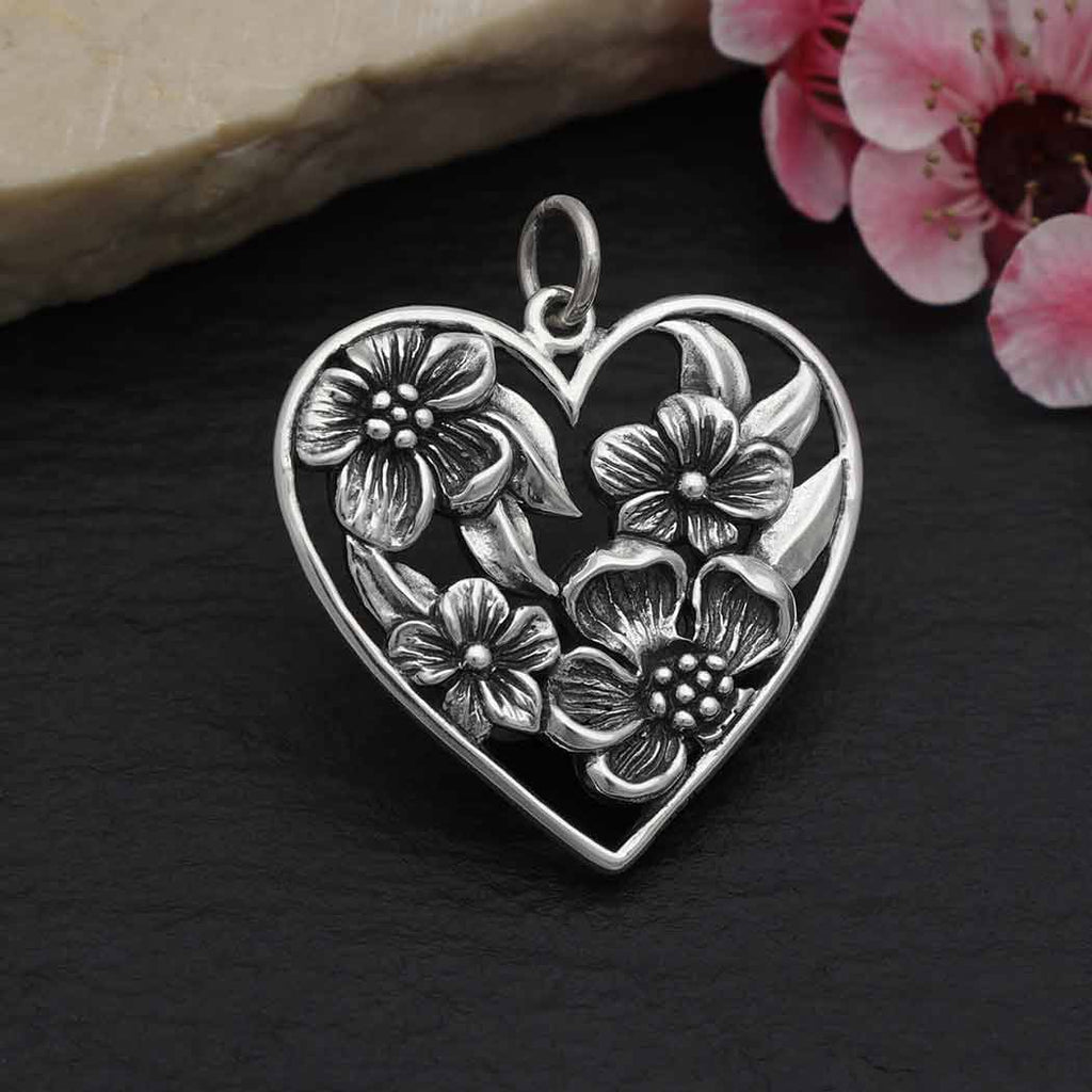 Sterling Silver Heart Pendant with Apple Blossoms 26x23mm - 1Pc
