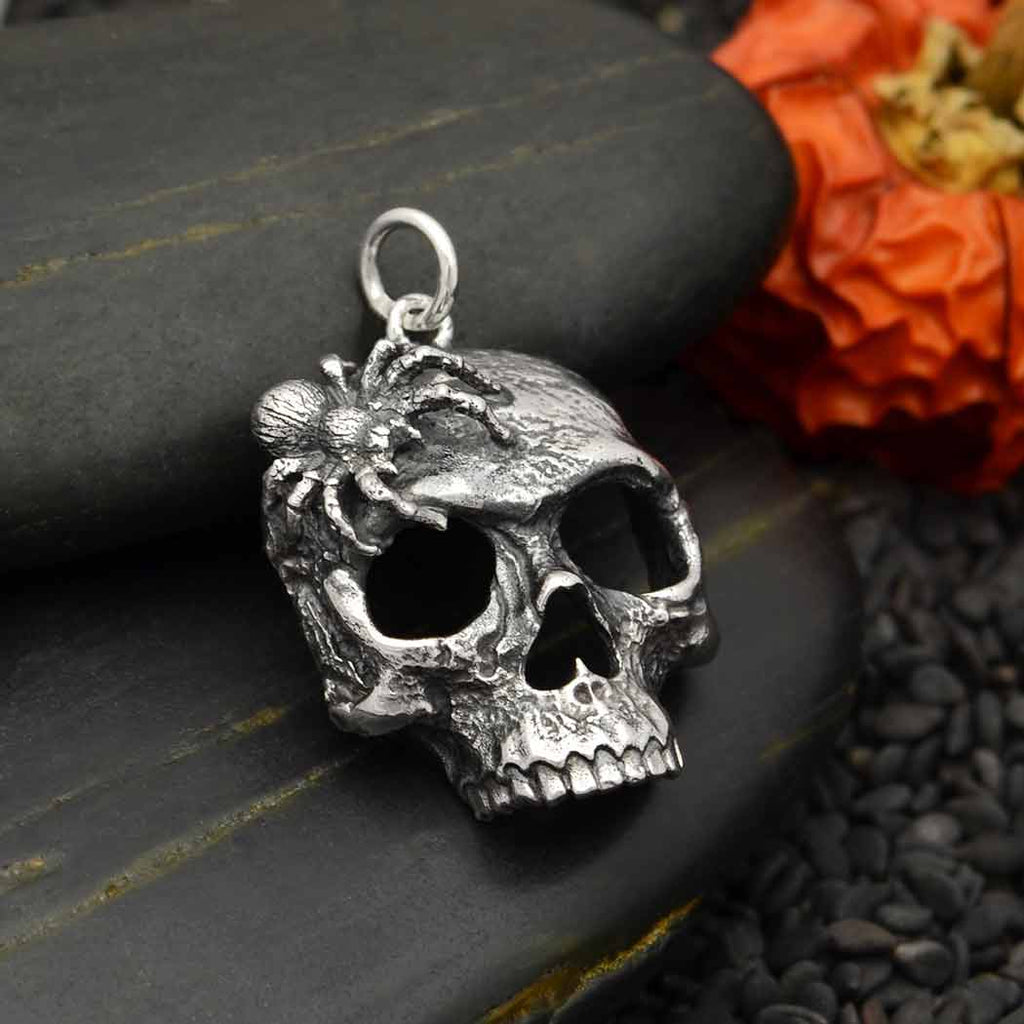 Sterling Silver Spider and Skull Pendant 27x17mm - 1pc
