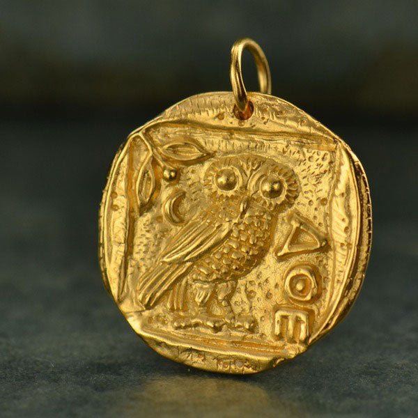 Ancient Athena's Owl Coin Charm -Gold Plated Bronze 24x19mm - 1pc