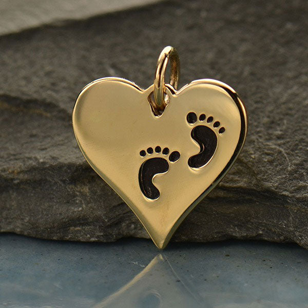 Heart Jewelry Charm with Etched Footprints - Bronze 16x14mm - 1pc