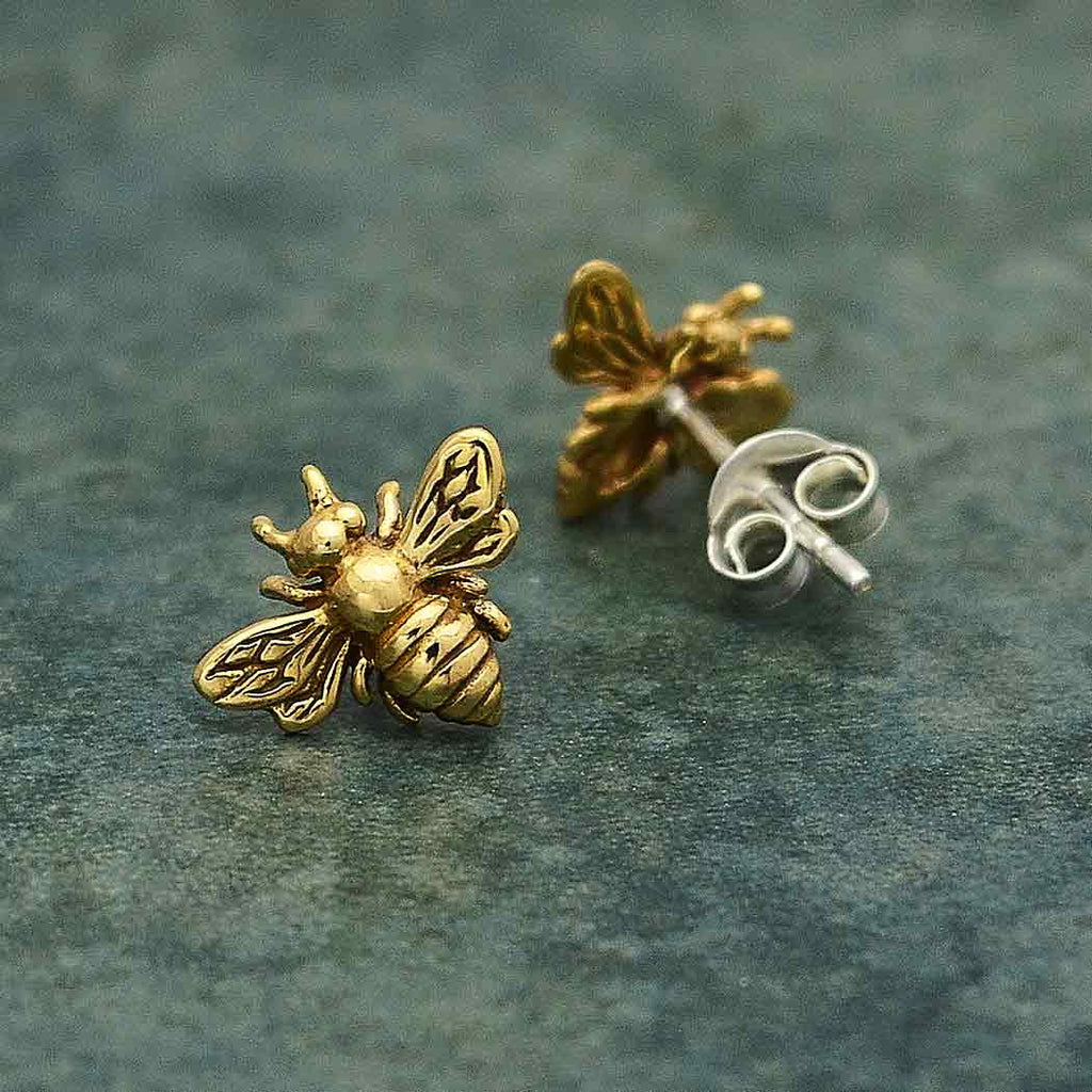 Bronze Bee Stud Earrings 9x11mm with Silver Post - 1pr