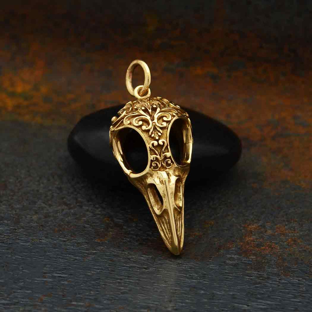 Bronze Raven Skull Charm with Scroll Carving 28x11mm - 1pc