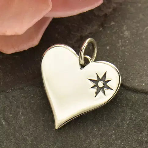 Sterling Silver Heart With Compass Star 13x13.75mm Charm - 1pc