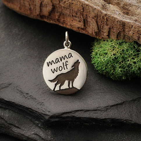 Sterling Silber Mama Wolf Charm auf Scheibe geätzt - 1Stk