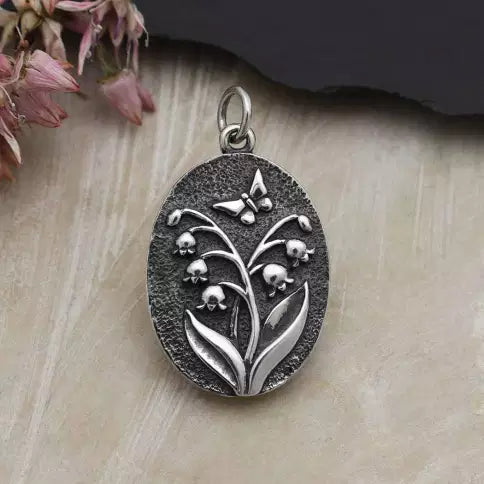 Sterling Silver Oval Lily of the Valley Charm 26x15mm - 1Pc
