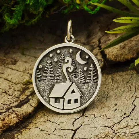 Sterling Silver Cabin Charm with Trees and Moon 21mmx15.5mm - 1pc