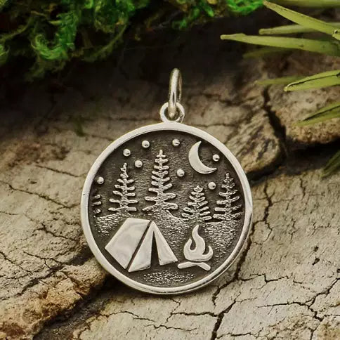 Sterling Silver Camping Charm with Tent and Trees 21mmx15.5mm - 1pc