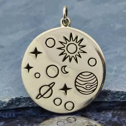 Sterling Silver Solar System Charm on a Disk 27mmx21mm - 1pc