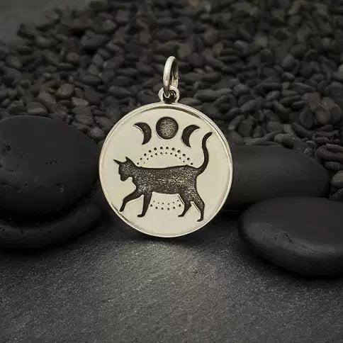 Sterling Silver Black Cat Charm with Moon Phases - 1pc