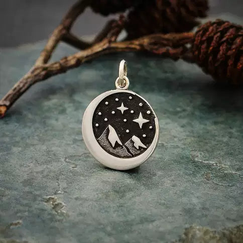 Sterling Silver Snow Cap Mountain Charm with Moon 21x15mm - 1pc