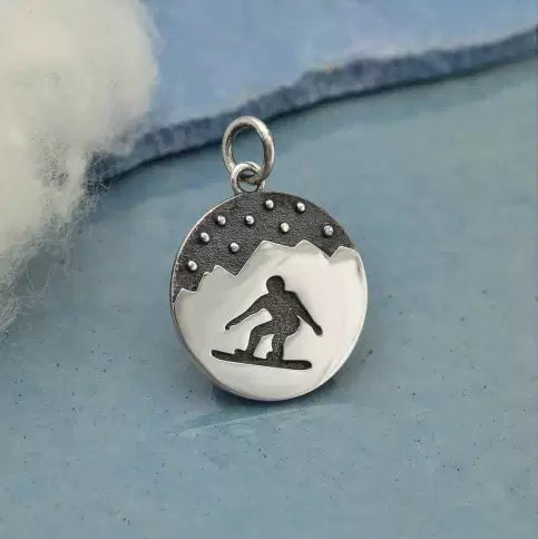 Sterling Silver Mountain and Snowboarder Charm 21x15mm - 1pc