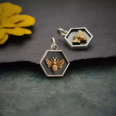 Sterling Silver Hexagon Charm with Bronze Bee 17x13mm - 1pc