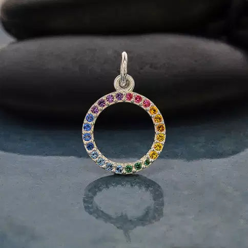 Sterling Silver Rainbow Circle Charm with Nano Gems 18mmx12mm - 1pc