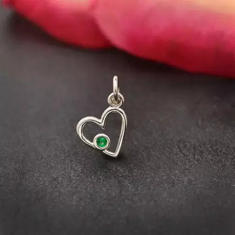 Sterling Silver Birthstone Heart Charm -May Emerald 14mmx9mm - 1pc