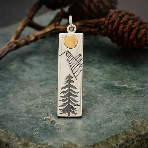 Sterling Silver Pine Tree Charm with Bronze Sun 31x7mm - 1pc