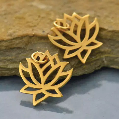 Small Satin 24K Gold Plated Sterling Silver Lotus Charm 18x15mm - 1pc