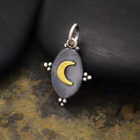 Sterling Silver Oxidized Oval Charm with Bronze Moon 21x12mm - 1pc