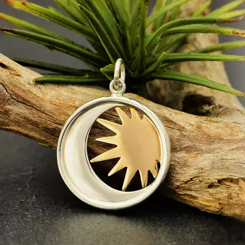 Sterling Silver Moon Charm in a Disk with Bronze Sun 23x17mm - 1pc