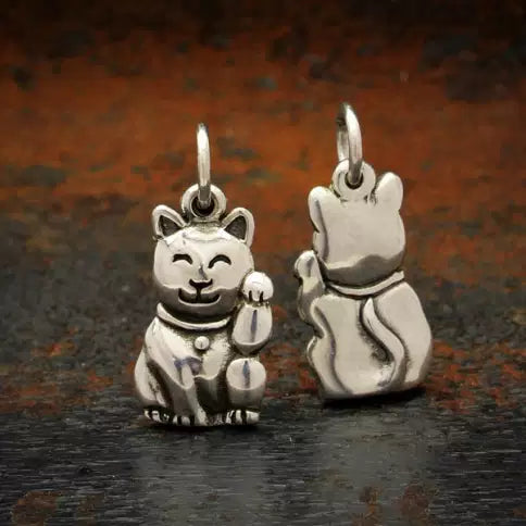 Sterling Silver Lucky Cat Charm -Maneki Neko Charm 18x8mm - 1pc