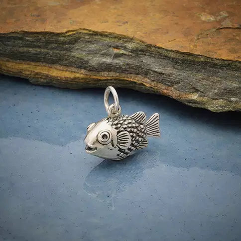 Sterling Silver Puffer Fish Charm 14x16mm - 1pc