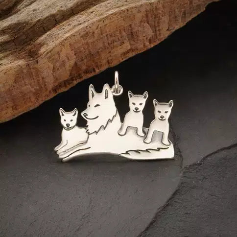 Sterling Silver Mama Wolf Pendant with Three Pups  - 1pc