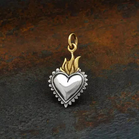 Sterling Silver Heart Pendant with Bronze Flame 22x12mm - 1Pc