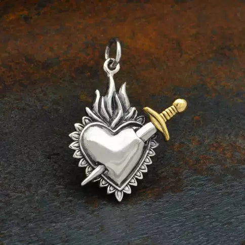 Mixed Metal Flaming Heart Pendant with Sword 26x20mm - 1Pc