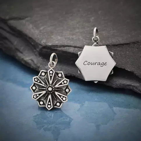 Sterling Silver Affirmation Mandala Charm -Courage 21x15mm  - 1pc