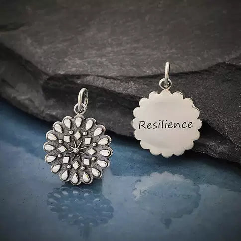Silver Affirmation Mandala Charm -Resilience 21x15mm  - 1pc