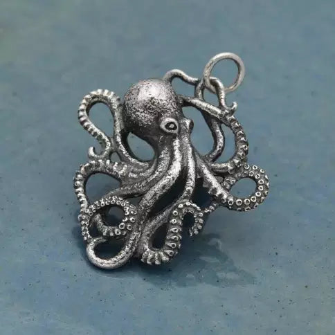 Sterling Silver Detailed Octopus Charm 28x24mm - 1pc